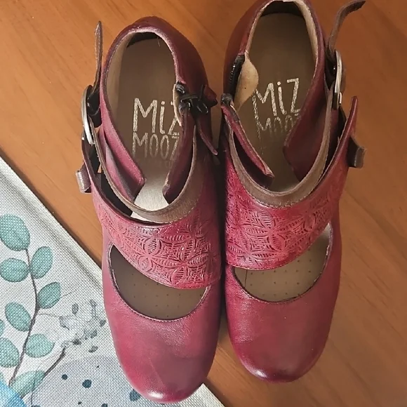 Miz Mooz Burgundy Cutwork Leather Ankle-Strap Heels - Picture 9 of 10